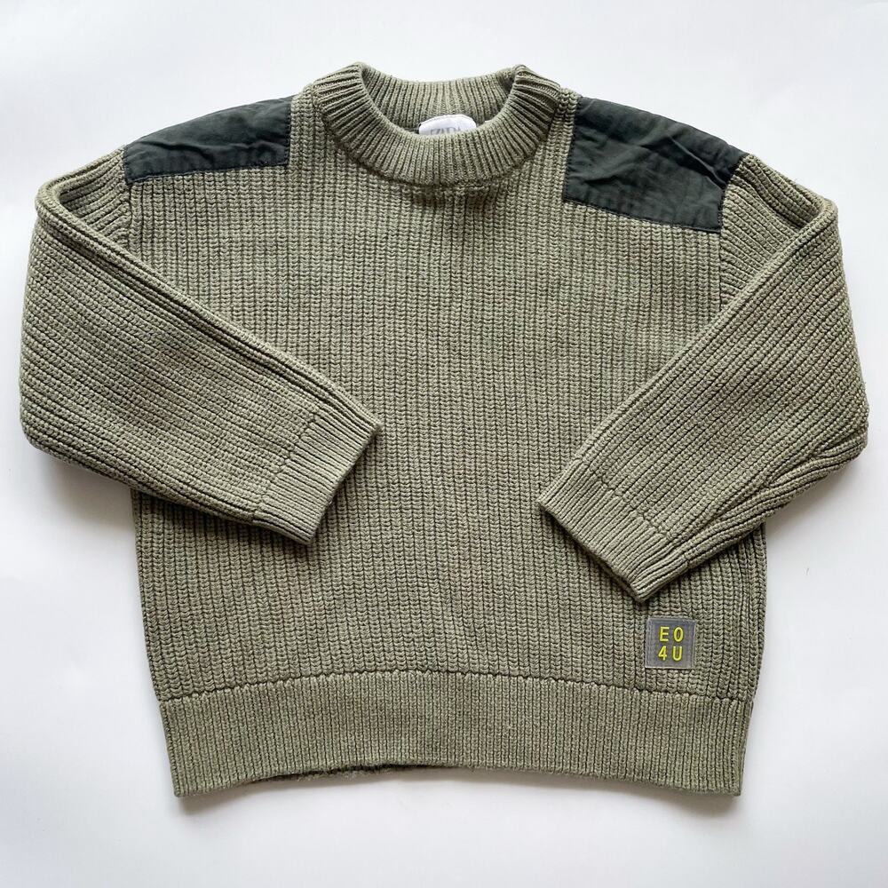 Toddler Boys Zara Green Cotton Knit Crewneck Sweater Military Inspired Size 2-3